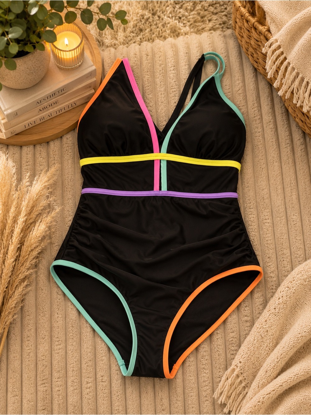 Black One-Piece Swimsuit with Neon Trim